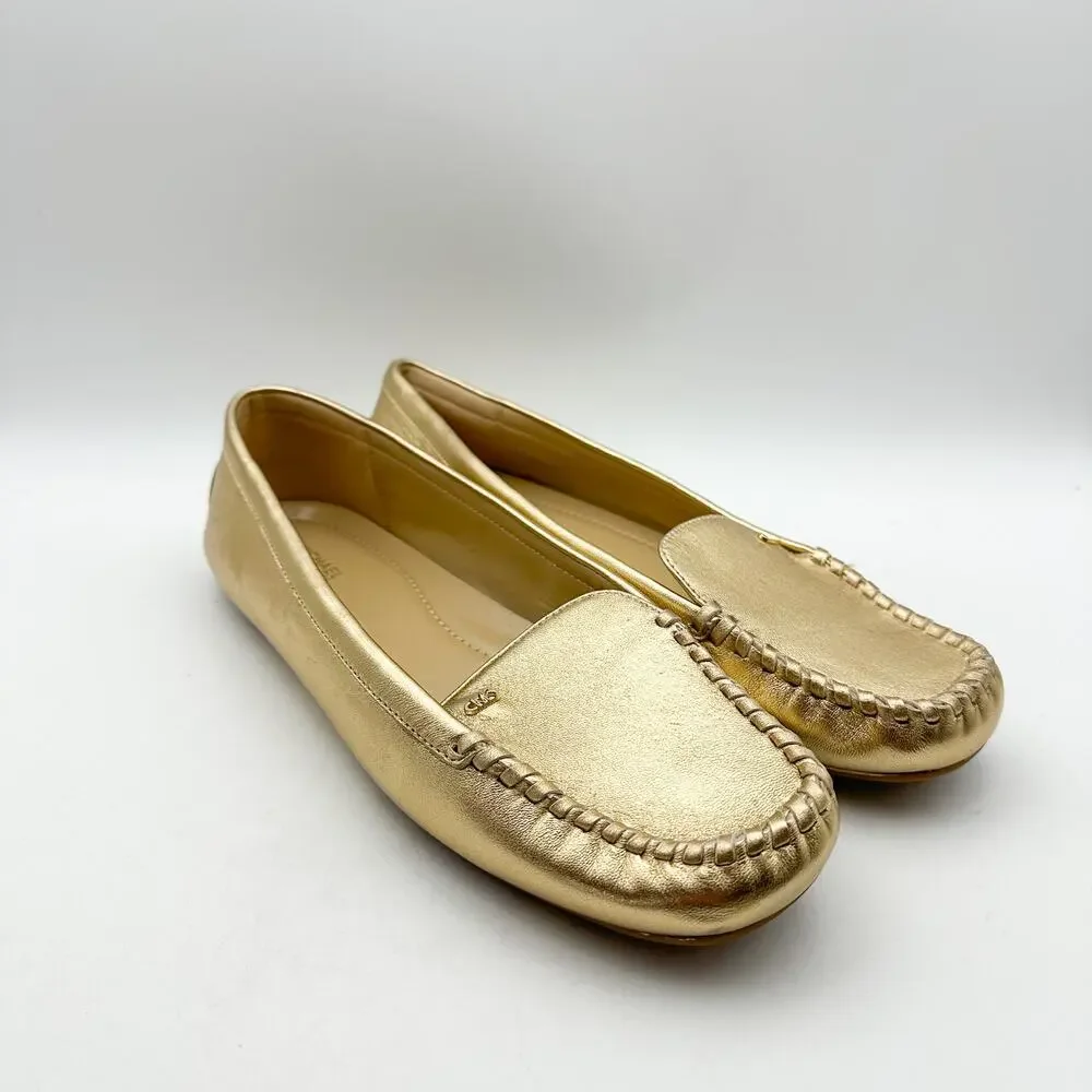 MICHAEL KORS Womens Eve Loafers Size 10 Metallic Gold Leather Slip-On NWOB